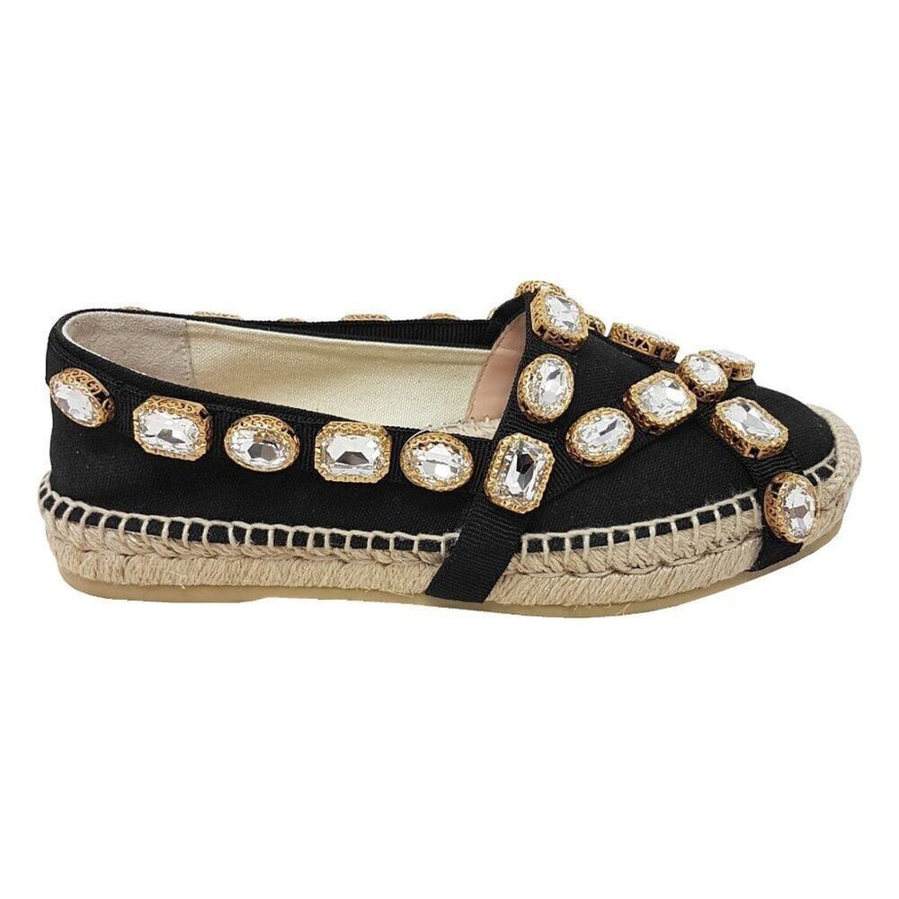 Gucci Black Crystal Espadrilles Flats Canvas Slip On Size 36.5 - Picture 2 of 10